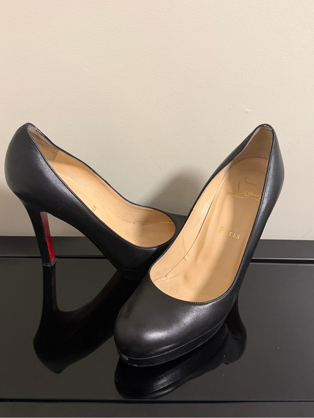 Christian Louboutin Black Leather Platform Pumps with Red Soles